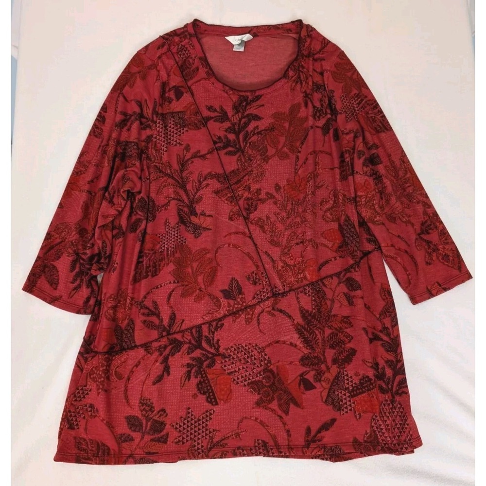 CJ Banks Knit Tunic Top Women's 2X Dk Burnt Orange Floral 3/4 Sleeves Relaxed